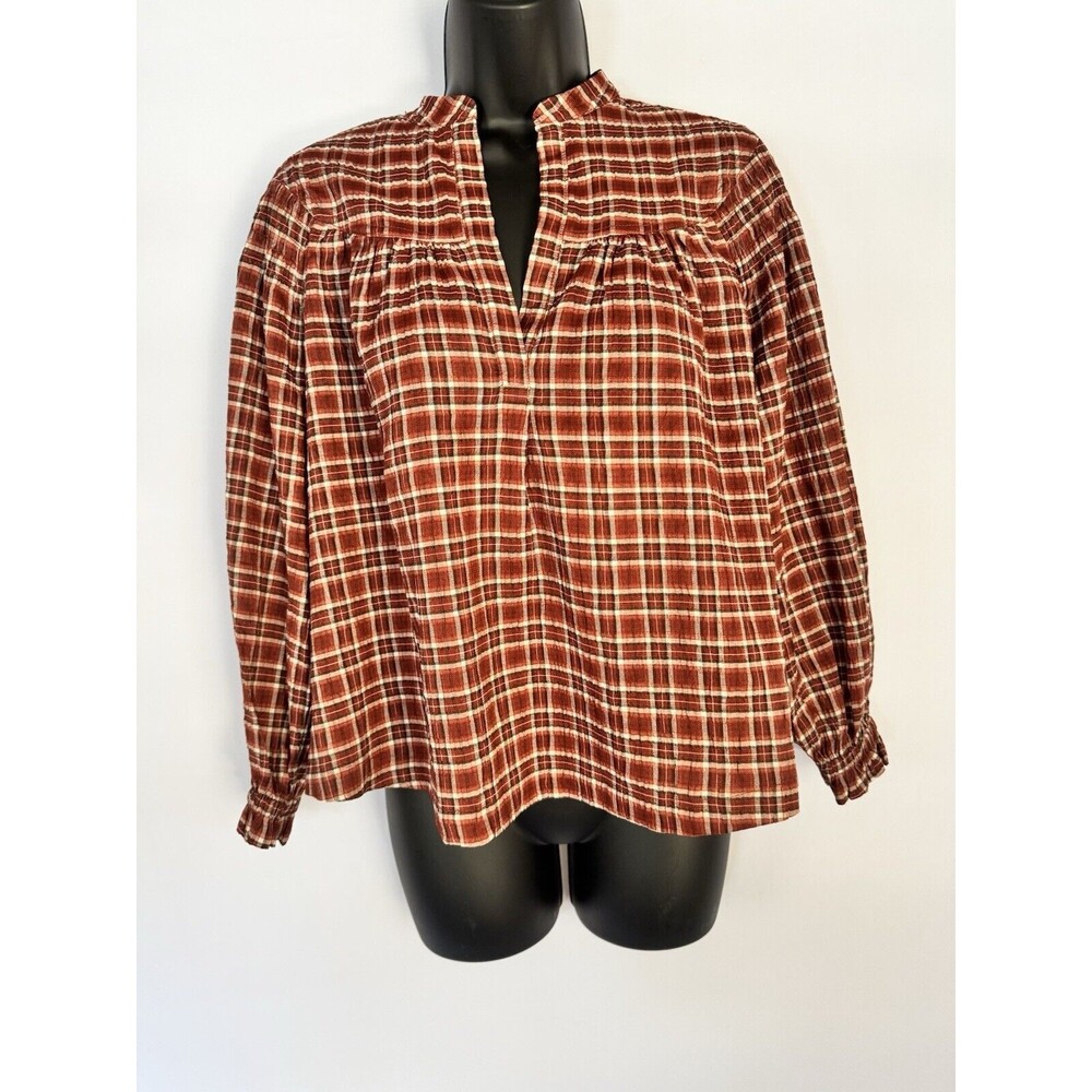 Treasure & Bond NWT Women’s Size XXS Orange Brown Plaid Blouse Puff Sleeve